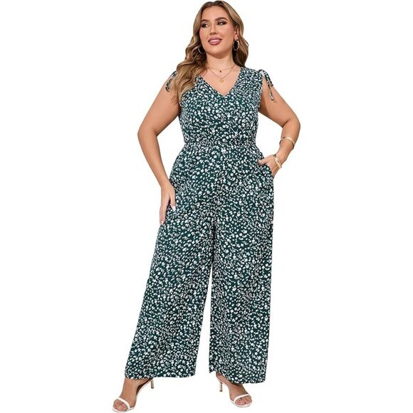 Dark Green Floral Wide Leg Jumpsuit Romper Size 5XL - Picture 1 of 5